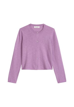 Lila lange mouwen cropped cardigan met ronde hals, fijne gebreide textuur en vijf bijpassende knopen aan de voorkant.