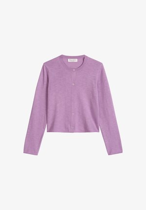 Lila lange mouwen cropped cardigan met ronde hals, fijne gebreide textuur en vijf bijpassende knopen aan de voorkant.