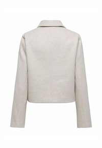 Giacca corta beige con maniche lunghe e colletto piatto, mostrata di spalle su uno sfondo bianco.