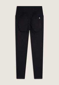 Leggings neri con vita alta, caratterizzati da un design arricciato e imbottito sul retro. Texture liscia, senza motivi visibili o componenti metallici.