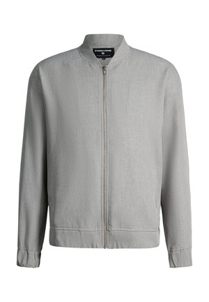 Lichtgrijze bomberjack met volledige voorsluiting, opstaande kraag, lange mouwen en zijszakken, weergegeven op een witte achtergrond.