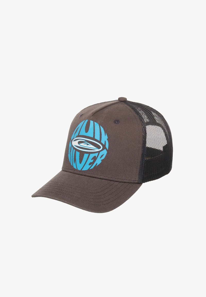 Casquette de baseball en maille marron et noire avec logo circulaire bleu Quiksilver sur le panneau avant, visière incurvée et arrière ajustable.