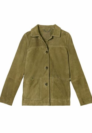 Olive green suede jacket with a collar, front button closure, and two large patch pockets. Smooth texture and simple design.
