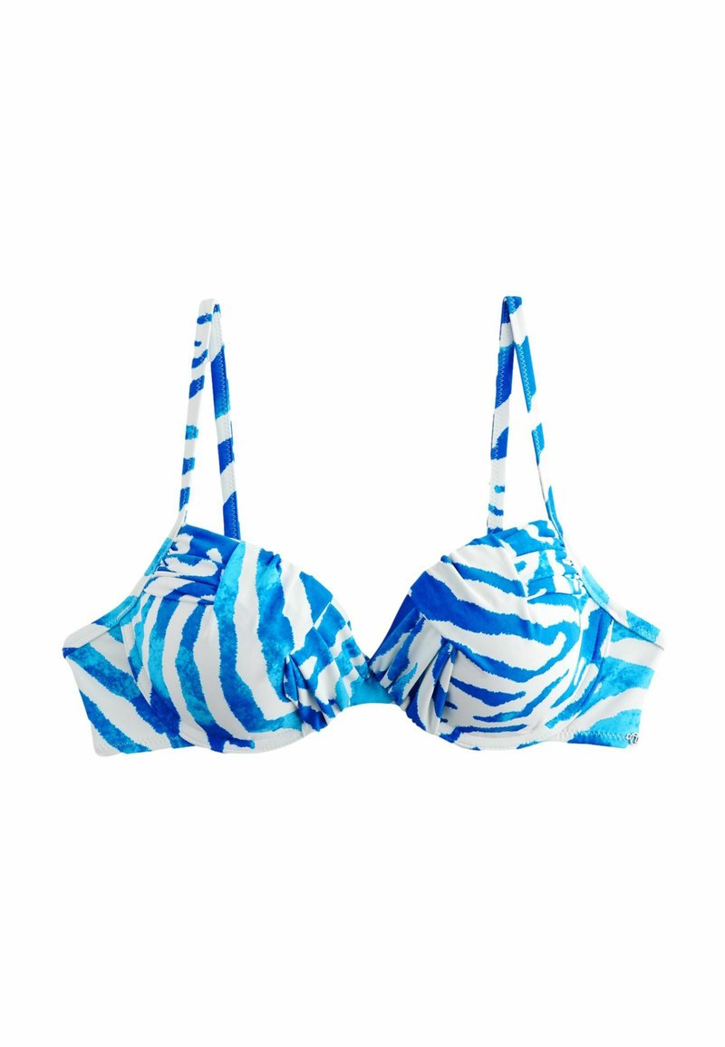 Bikiny top v modro-bielej farbe s prúžkovaným zebrovým vzorom, s nastaviteľnými popruhmi a riasením látky.