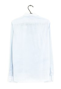 Camicia a maniche lunghe azzurro chiaro, in cotone, con colletto abbottonato, texture liscia, presenta polsini abbottonati e un orlo dritto.