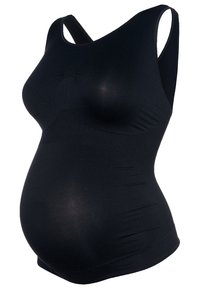 Čierny bezšvový tehotenský tank top s integrovanou podporou a priliehavou časťou na bruchu, navrhnutý pre pohodlie počas tehotenstva.