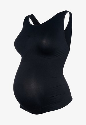 Fekete, varrás nélküli kismama tank top beépített támaszszal és egy illeszkedő haspanellel, amely a terhességi kényelmet szolgálja.