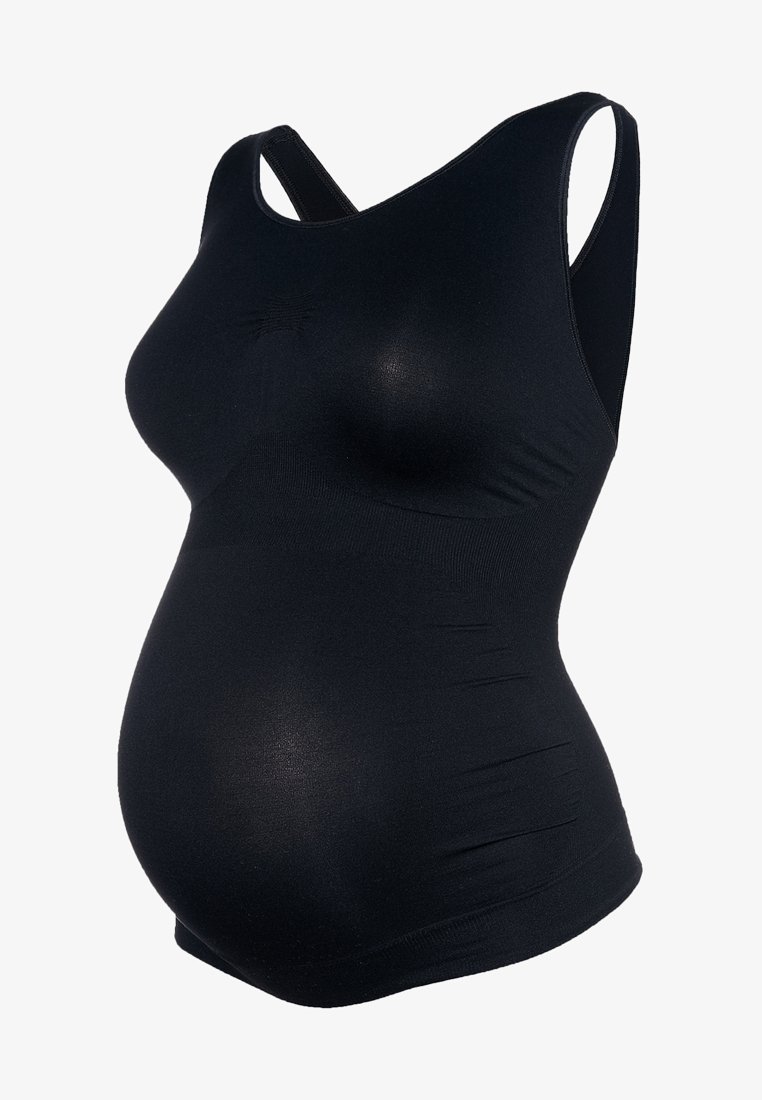 Sort sømløs graviditetstanktop med indbygget støtte og et tætsiddende mavepanel designet til komfort under graviditeten.