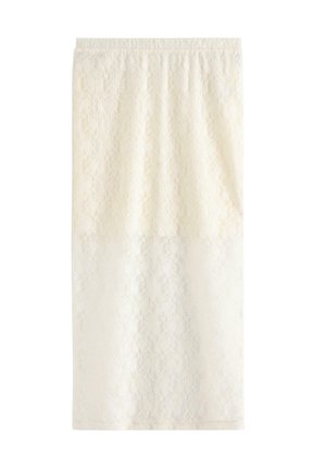 Kermanvalkoinen pitsikynähame, jossa on joustava vyötärönauha ja polven pituus. Koko hame on koristeltu kukallisella pitsikuviolla.