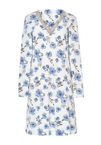 Vestido blanco de manga larga con estampado floral azul y escote en V con encaje beige, de largo hasta la rodilla y corte relajado.