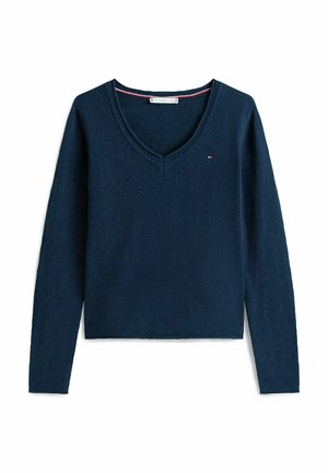 Maglione blu navy a maniche lunghe con scollatura a V, realizzato in tessuto testurizzato, dotato di un piccolo logo sul petto e polsini a coste.