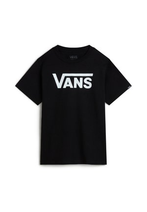 Czarna koszulka z krótkim rękawem z białym logo Vans na środku klatki piersiowej, z okrągłym dekoltem i małą metką z logo na rękawie.