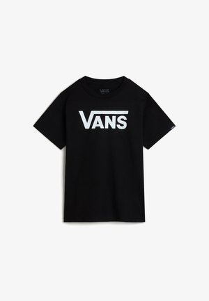 Camiseta negra de manga corta con el logo blanco de Vans en el centro del pecho, con cuello redondo y pequeña etiqueta con el logo en la manga.