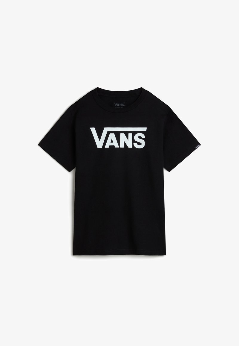 T-shirt noir à manches courtes avec le logo Vans blanc centré sur la poitrine, avec un col rond et une petite étiquette logo sur la manche.