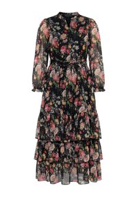 Robe midi noire transparente à imprimé floral rose, jaune et blanc, manches longues bouffantes, jupe à volants superposés et ceinture nouée à la taille.