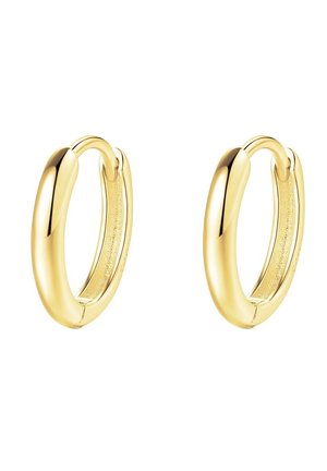 Paire de boucles d'oreilles créoles en or lisses et polis avec fermoirs charnières, présentée sur un fond blanc.