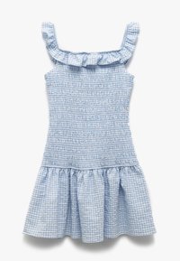 Blauw-wit geruit jurkje, met een gerimpelde buste, gerafelde schouderbandjes en een uitlopende rok met een gelaagde zoom. Katoenen stoftextuur.