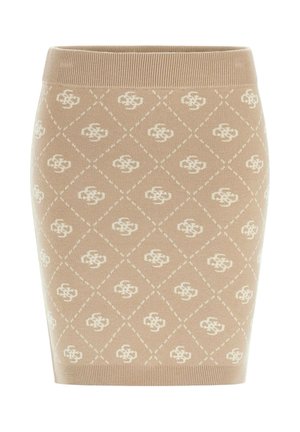 Gonna a matita beige lavorata a maglia con motivo a diamante e piccoli motivi floreali bianchi, con vita e orlo a coste.