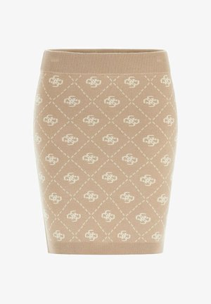 Gonna a matita beige lavorata a maglia con motivo a diamante e piccoli motivi floreali bianchi, con vita e orlo a coste.