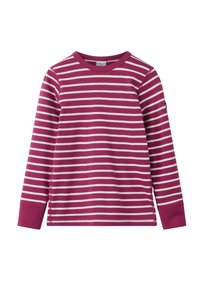 Pitkähihainen paita tummanpunaisena, jossa on valkoisia vaakasuoria raitoja. Ominaisuuksiin kuuluu pyöreä kaula-aukko ja ribbaatut hihansuut, valmistettu pehmeästä puuvillakankaan.