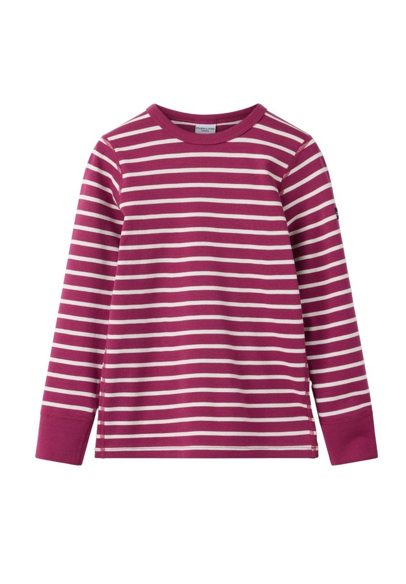 Pitkähihainen paita tummanpunaisena, jossa on valkoisia vaakasuoria raitoja. Ominaisuuksiin kuuluu pyöreä kaula-aukko ja ribbaatut hihansuut, valmistettu pehmeästä puuvillakankaan.