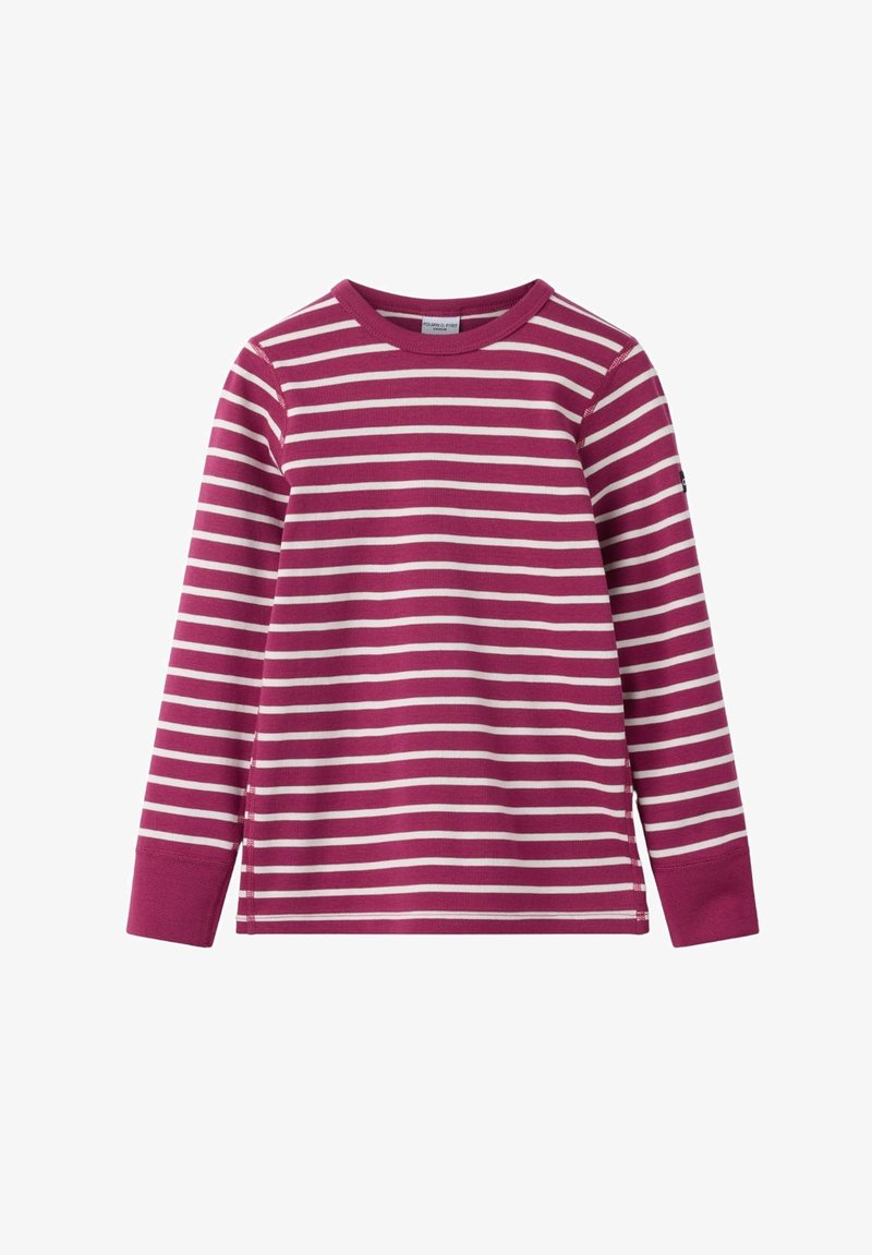 Pitkähihainen paita tummanpunaisena, jossa on valkoisia vaakasuoria raitoja. Ominaisuuksiin kuuluu pyöreä kaula-aukko ja ribbaatut hihansuut, valmistettu pehmeästä puuvillakankaan.