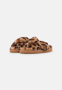 Faux fur slippers in a leopard print pattern; soft texture; tan rubber sole; open-toe design with plush upper for comfort.