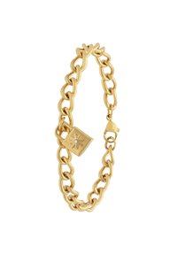 Gouden schakelarmband met platte schakels, voorzien van een vierkante hangslotaccent met een kleine edelsteen. Glad, glanzend oppervlak met een haaksluiting.
