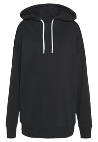 Czarna bluza z kapturem z długimi rękawami, z białym sznurkiem i ściągaczami. Wykonana z miękkiego materiału, o prostym designie.