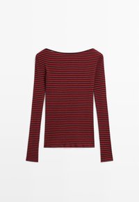 Red and navy striped long-sleeve top with a boat neckline, made from a ribbed knit fabric, featuring fitted sleeves and a slim silhouette.