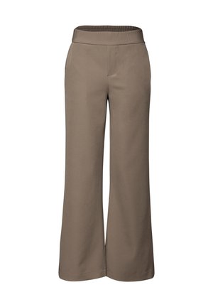 Wide-leg trousers made of smooth, lightweight fabric in a neutral brown color. Features a high, elastic waistband and side pockets.