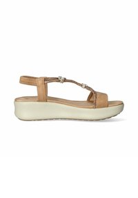 Sandali piatti color beige con suola imbottita, caratterizzati da un design intrecciato, dettagli metallici e cinturini regolabili per una vestibilità sicura.