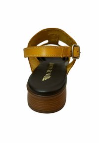 Sandalia de cuero marrón con una tira ancha y hebilla ajustable, que cuenta con una plantilla acolchada negra y un tacón de madera marrón.