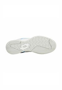 Semelle de chaussure avec une surface en caoutchouc blanc texturé, présentant un motif en chevrons et une touche de bleu. Logo affiché au centre.