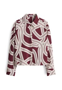 Camicia accorciata color bordeaux e crema con motivi a linee astratti. Presenta un colletto classico e maniche lunghe. Realizzata in un tessuto leggero.