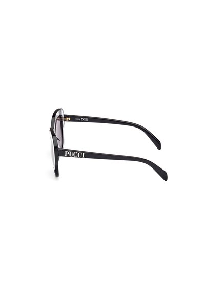 Gafas de sol de plástico negro con un marco rectangular, que cuentan con un acabado delgado y brillante, y una marca "PUCCI" en tono dorado en las patillas.