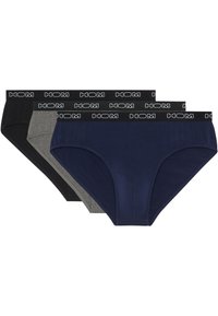 Drei Paar Herrenunterwäsche in Schwarz, Grau und Marineblau. Aus weichem Stoff mit einem elastischen Bund, der den Markennamen "HOM" zeigt.