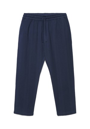 Marineblaue, strukturierte Freizeithose mit elastischem Bund und Kordelzug, geradem Beinverlauf, lockerer Passform.