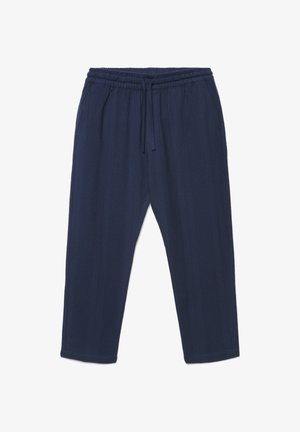 Marineblaue, strukturierte Freizeithose mit elastischem Bund und Kordelzug, geradem Beinverlauf, lockerer Passform.