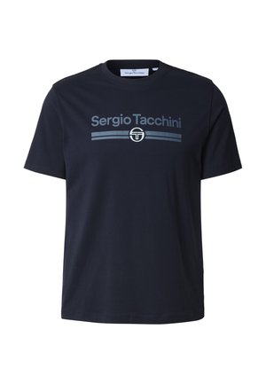 Tamsiai mėlynas medvilninis marškinėlis su apvalia iškirpte ir trumpomis rankovėmis. Priekyje yra pilkos spalvos užrašas „Sergio Tacchini“ su logotipu.