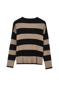 Schwarz-beige gestreifter Pullover, gerippte Textur, Rundhalsausschnitt, lange Ärmel, Design mit überschnittenen Schultern, lockere Passform mit horizontalen Streifen.