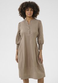 Beige, põlvekohal ulatuv kleit kerge materjaliga. Omab mandariinikaela, nööpidega esipaneeli ning puhviga varrukaid, millel on mansettide detailid. Sile tekstuur.