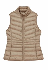 Beige Steppweste mit hohem Kragen, Frontreißverschluss und horizontaler Steppung. Leichtes Material mit glatter Textur und ohne Ärmel.