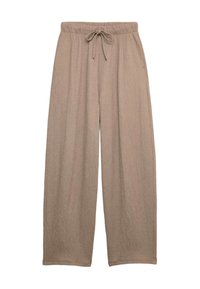 Pantalones de pierna ancha beige, hechos de un material texturizado, con cintura elástica y detalle de cordón, que presentan una silueta holgada y fluida.