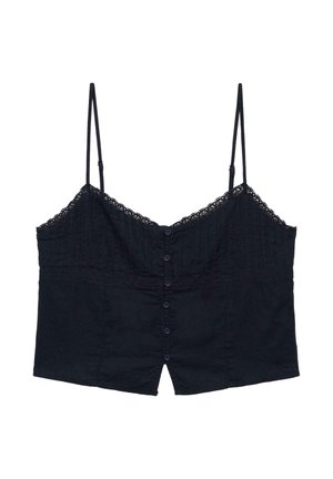 Sort ærmeløs croptop med blonderkant, justerbare tynde skulderstropper og knaplukning foran.