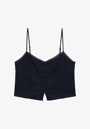 Top corto nero senza maniche con bordatura in pizzo, sottili spalline regolabili e chiusura frontale con bottoni.