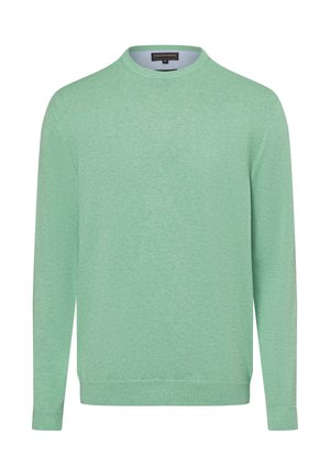  Lichtgroene gebreide trui met een ronde hals en lange mouwen. Geribbelde manchetten en zoomdetails. Glad textuur, casual pasvorm, geen zichtbare patronen.