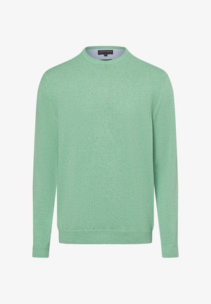 Lichtgroene gebreide trui met een ronde hals en lange mouwen. Geribbelde manchetten en zoomdetails. Glad textuur, casual pasvorm, geen zichtbare patronen.