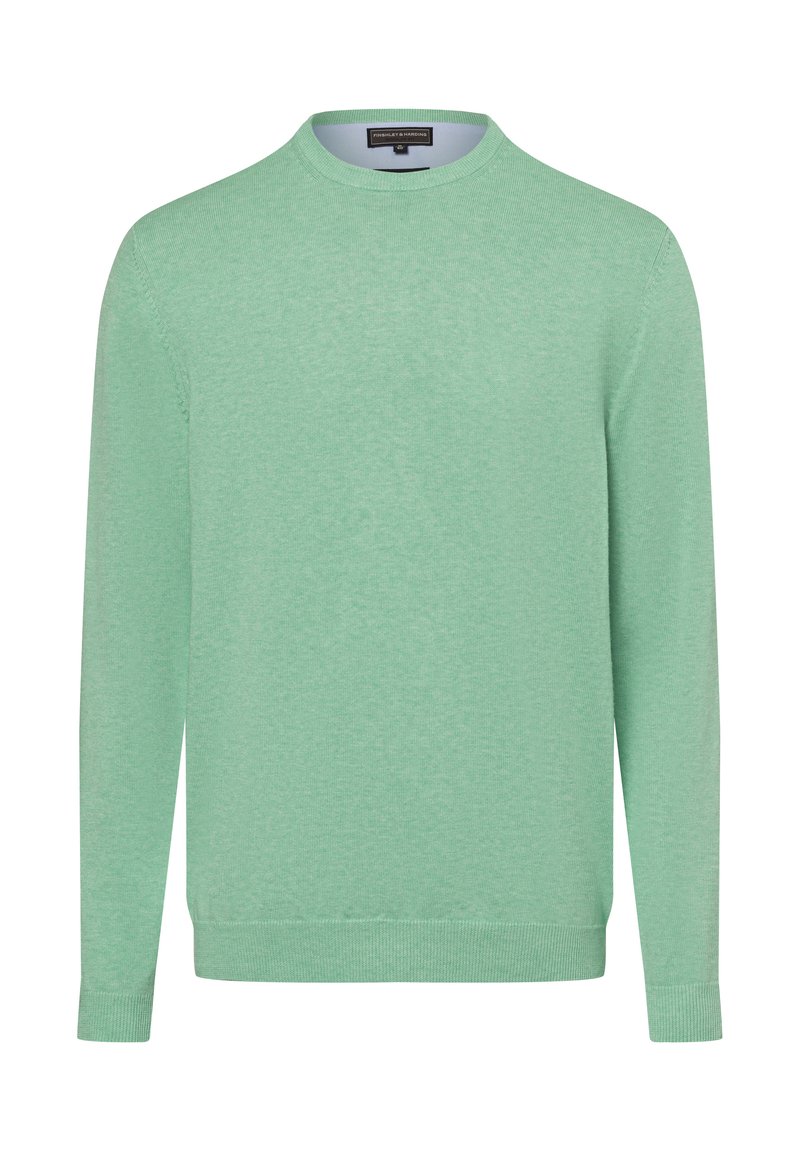  Lichtgroene gebreide trui met een ronde hals en lange mouwen. Geribbelde manchetten en zoomdetails. Glad textuur, casual pasvorm, geen zichtbare patronen.