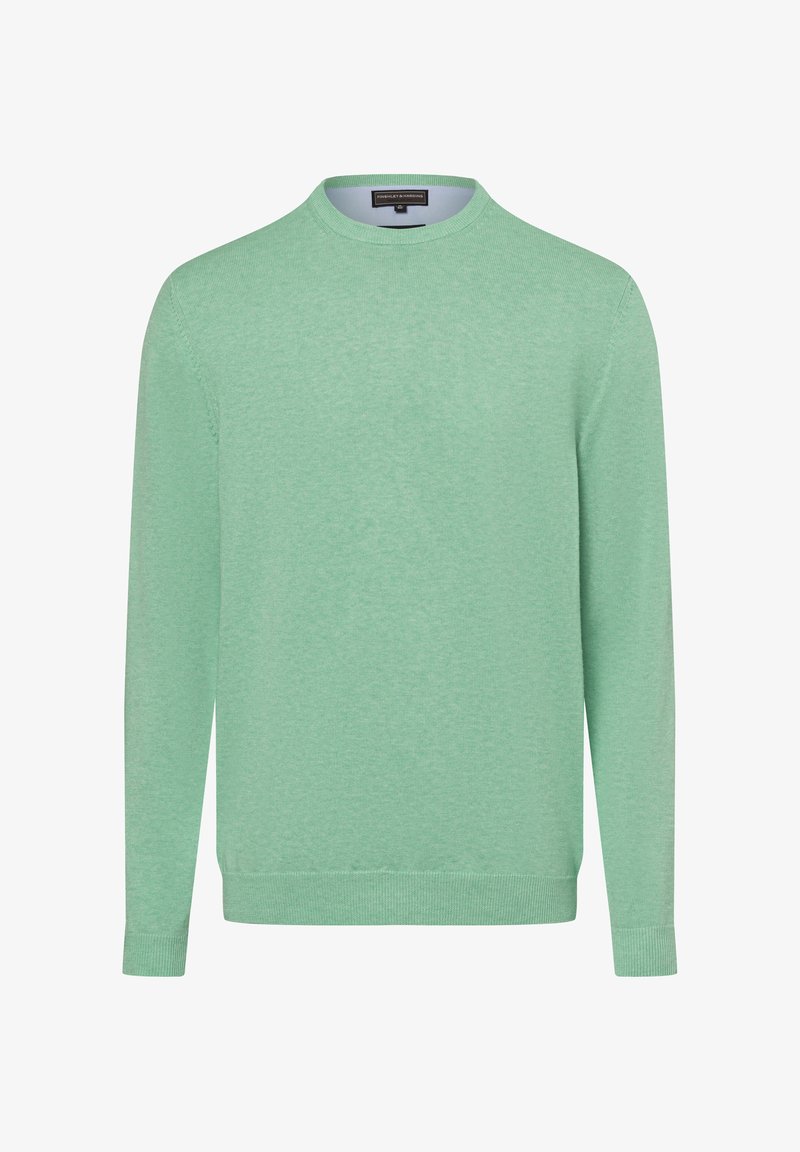 Lichtgroene gebreide trui met een ronde hals en lange mouwen. Geribbelde manchetten en zoomdetails. Glad textuur, casual pasvorm, geen zichtbare patronen.